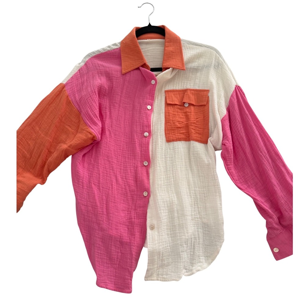 Womens Colorblock Gauze Button Up Shirt Pink Orange White Oversized Small